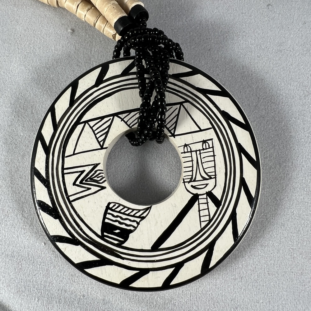 Tribal Necklace Beige Black White Geometric Multi Strand Statement Boho Bold - Picture 3 of 4